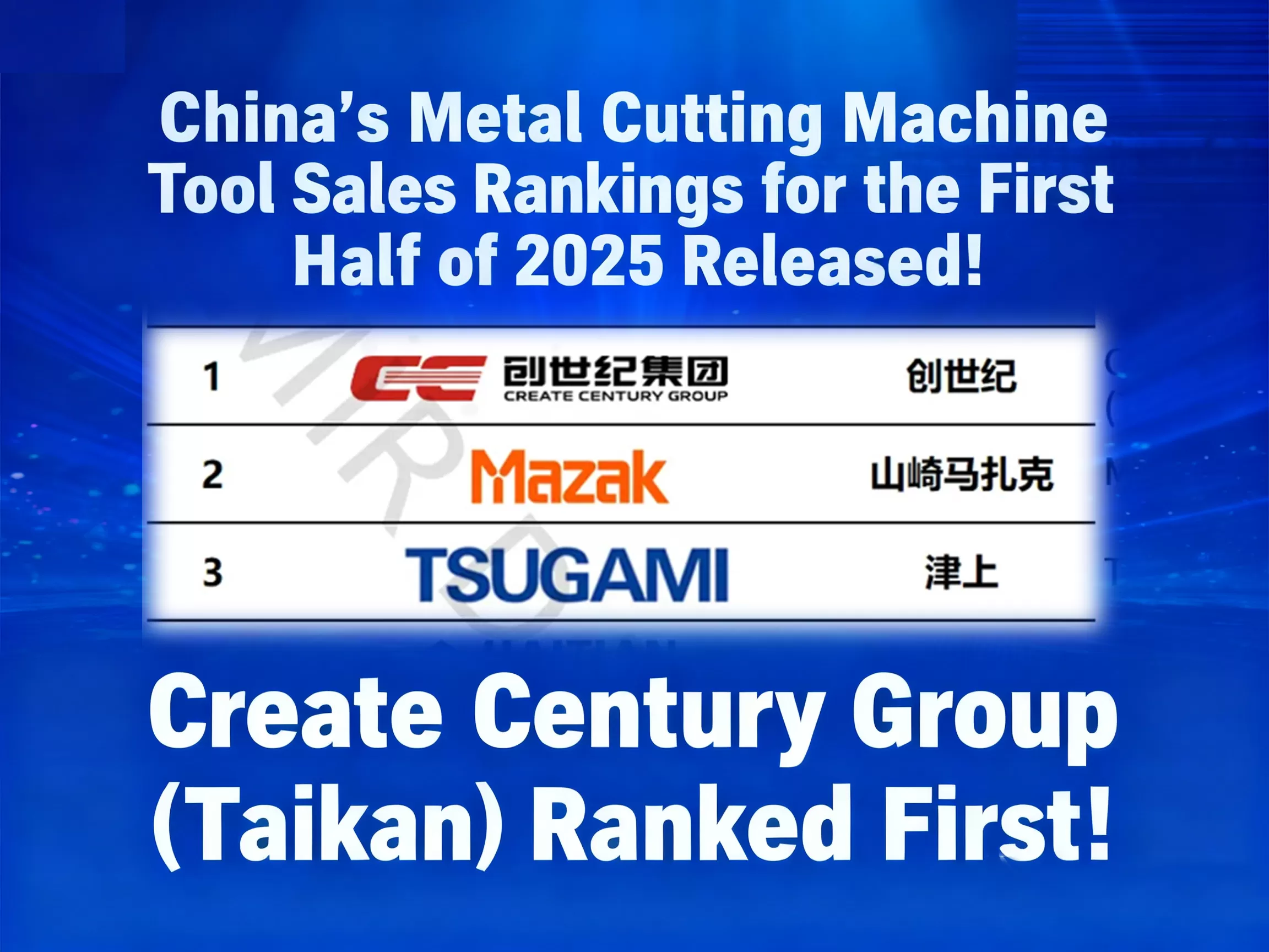 Create Century (Taikan) ครองอันดับสูงสุดในรายการรายได้จากการขายเครื่องมือตัดโลหะของจีนในช่วงครึ่งแรกของปี 2025